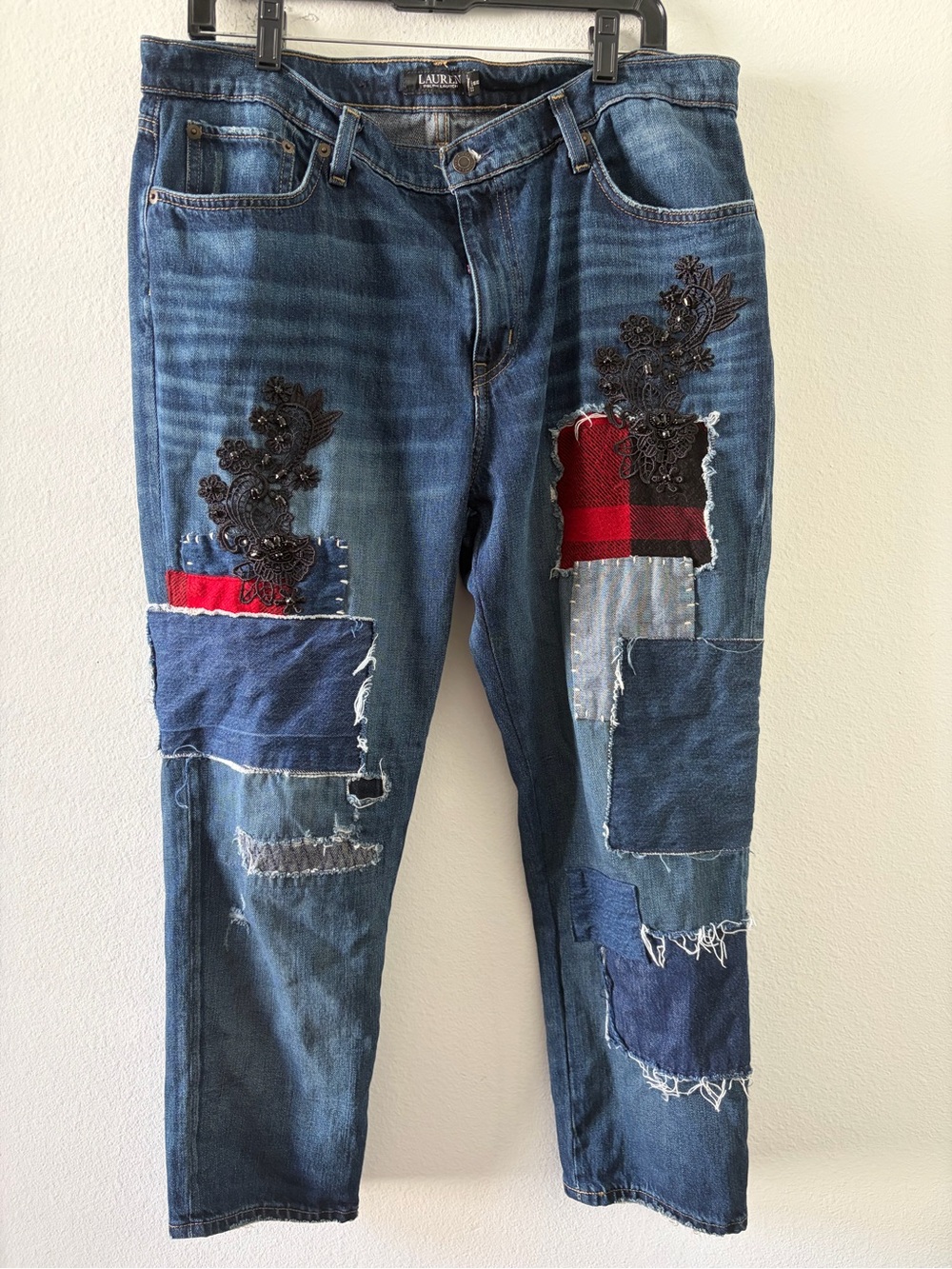 Ralph Lauren Dark Blue Denim Jeans with Black Leather Logo Patch